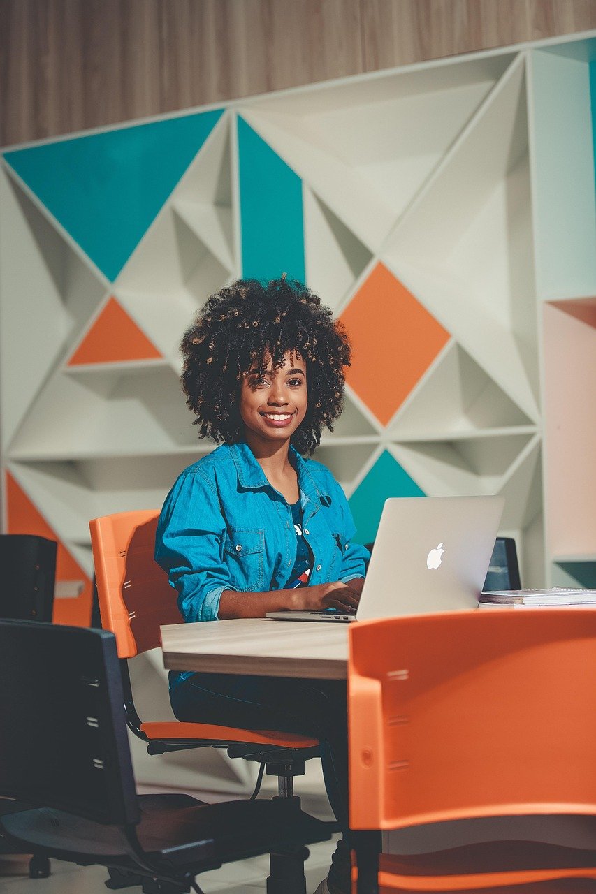 Home student, classroom, girl, afro, hairstyle, macbook, laptop, sit, sitting, smile, smiling, portrait, young woman, study, studying, classroom, classroom, classroom, classroom, classroom, afro, study, studying, studying